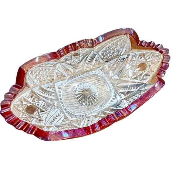 Vintage Bohemian Etched Crystal Bowl Ruby Red Trim Decorative 6" - Picture 6 of 8